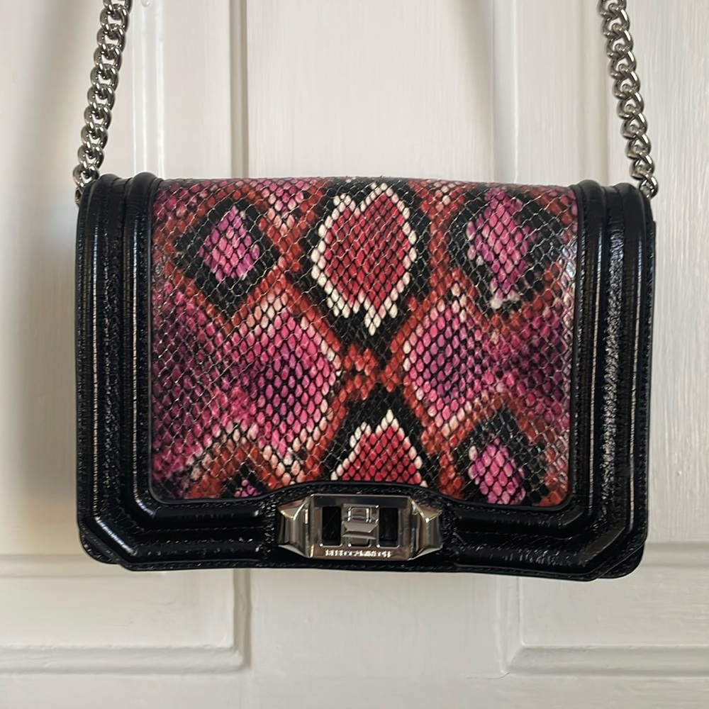 Rebecca Minkoff pink python print black leather crossbody bag